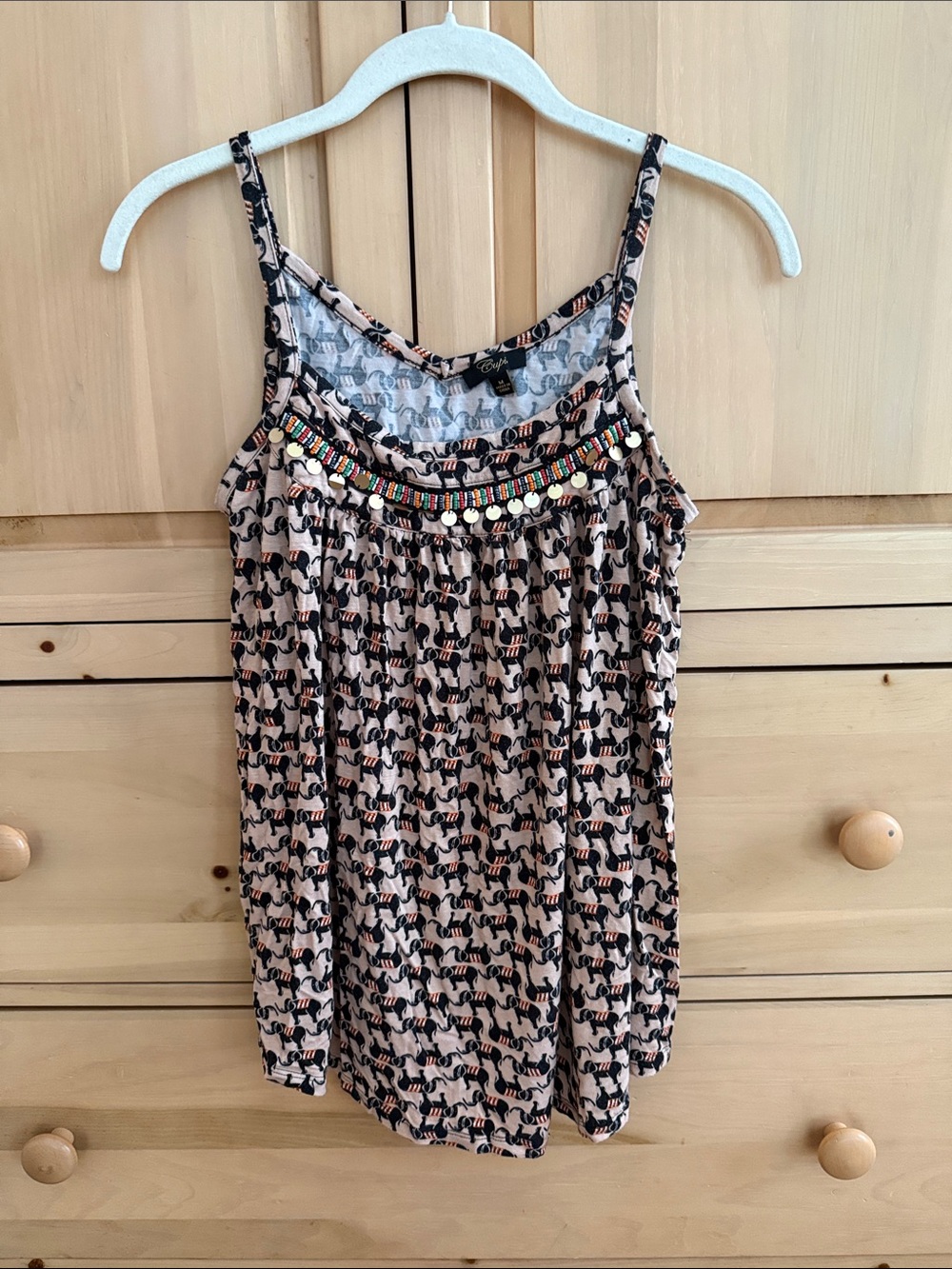 Beaded Elephant Print Spaghetti Strap Tank Top - Pink